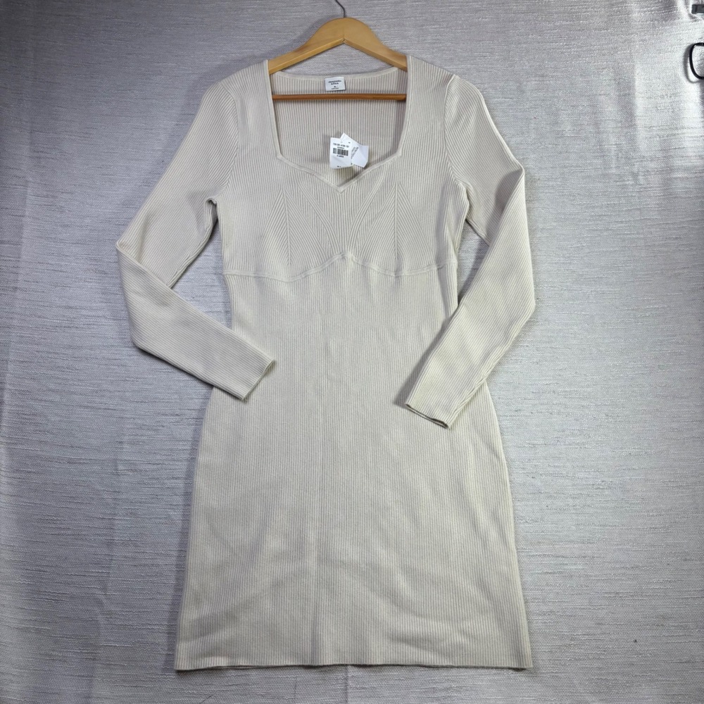 Abercrombie & Fitch Cream Ribbed Sweetheart Neck Long Sleeve Sweater Dress XL